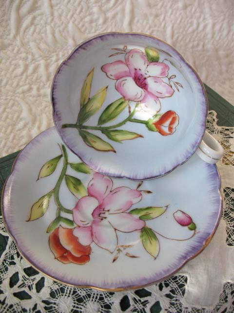 Vintage Tea Cup Blue Floral Footed Japan Downton Tea Cottage Shabby Chic Mid Century Tea Birthday Shower Girlfriend Wife Gift WhenRosesBloom