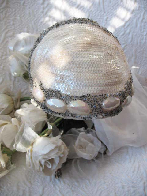 Vintage Hat 1920s Wedding Bridal Headpiece Fascinator Tea Party Cocktail  Gatsby Cosplay White Silver Beadwork Art Deco When Roses Bloom