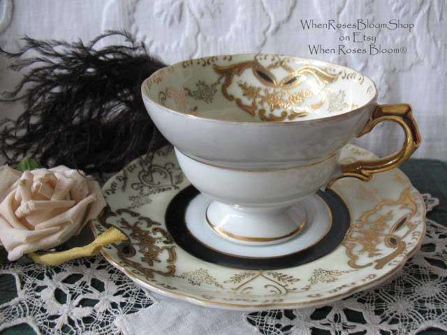 Vintage Tea Cup Footed Black Gold Japan Royal Sealy Downton Elegant Steampunk Cosplay Gentlemens  Tea Birthday Shower Gift WhenRosesBloom