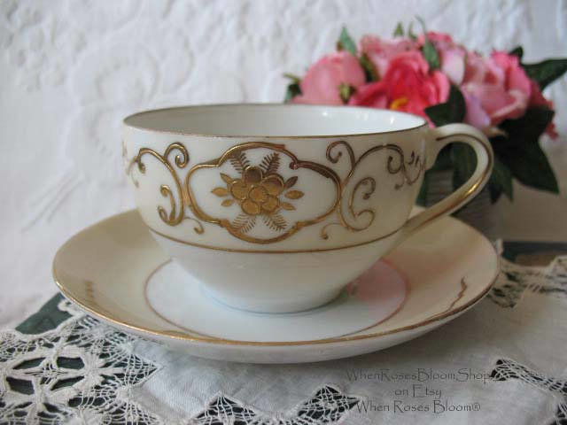 Tea Cup & Saucer Japan Gold Tea For Two Downton Tea Cottage Farmhouse Shabby Chic Mid Century Tea Style Gold Creme floral WhenRosesBloom