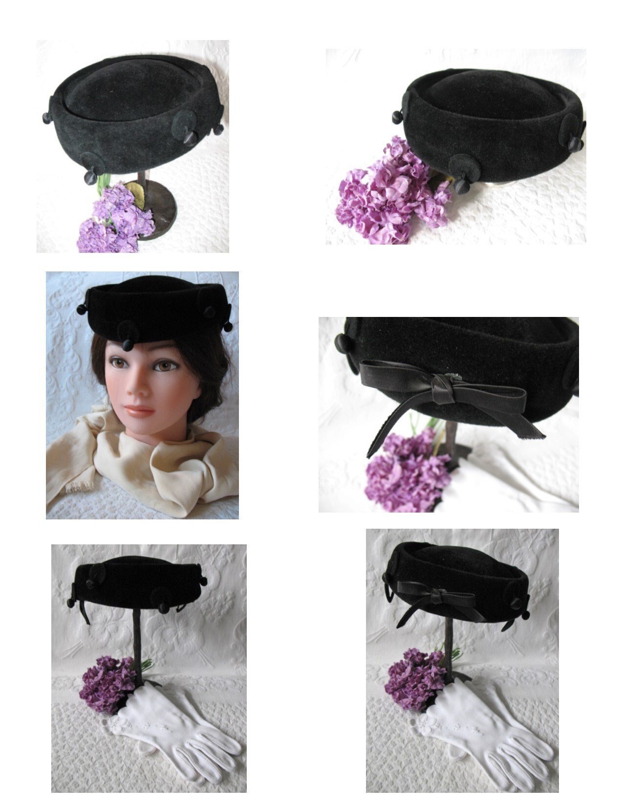 Vintage Hat Black Pill Box Bell Hop Elegant Mid Century 1950s Velvet hat Steampunk Fascinator Kate Middleton Style  Hat  WhenRosesBloom
