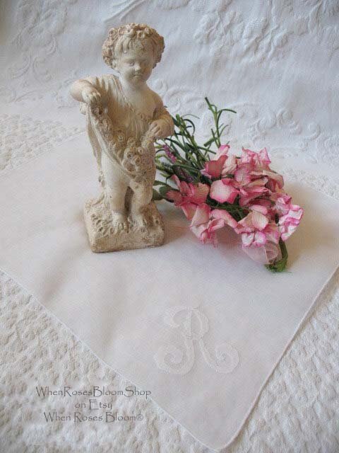 Vintage Hanky White  R Initial Monogram Wedding Keepsake Birthday Gift Remembrance Heirloom Handkerchief Free Ship  US  WhenRosesBloom