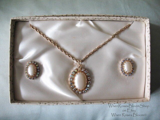 Vintage Rhinestone Necklace Earrings Pearl Gold Tone 1950s Mid Century Wedding Retro Jewelry Downton Abbey J Austen Cosplay WhenRosesBloom