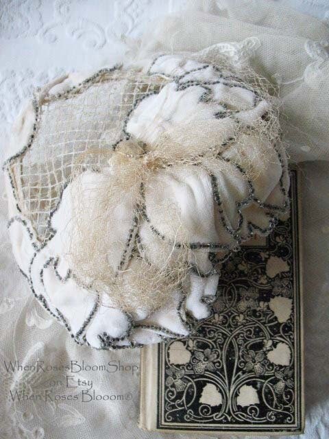 Vintage Hat 1920s Wedding  Bridal Headpiece Tea Wedding Veil Eggshell Toque White/ Silver Beads Flapper  Gatsby Art Deco WhenRosesBloom