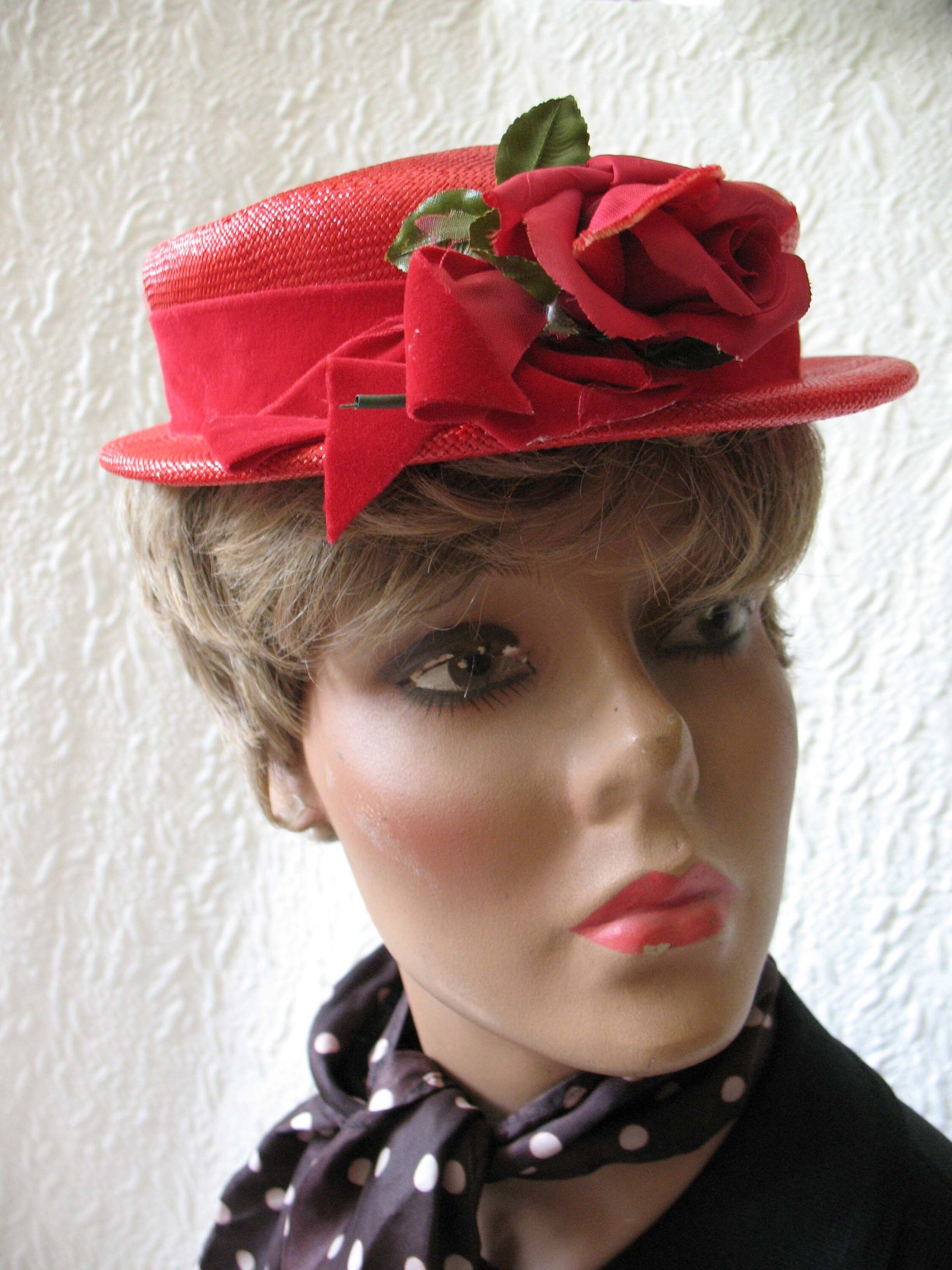 Vintage Hat Red Straw Rose Quaint Style Classic Topper Sailor Tailored Elegant Tea Cosplay Hat Downton Abbey Style  WhenRosesBloom