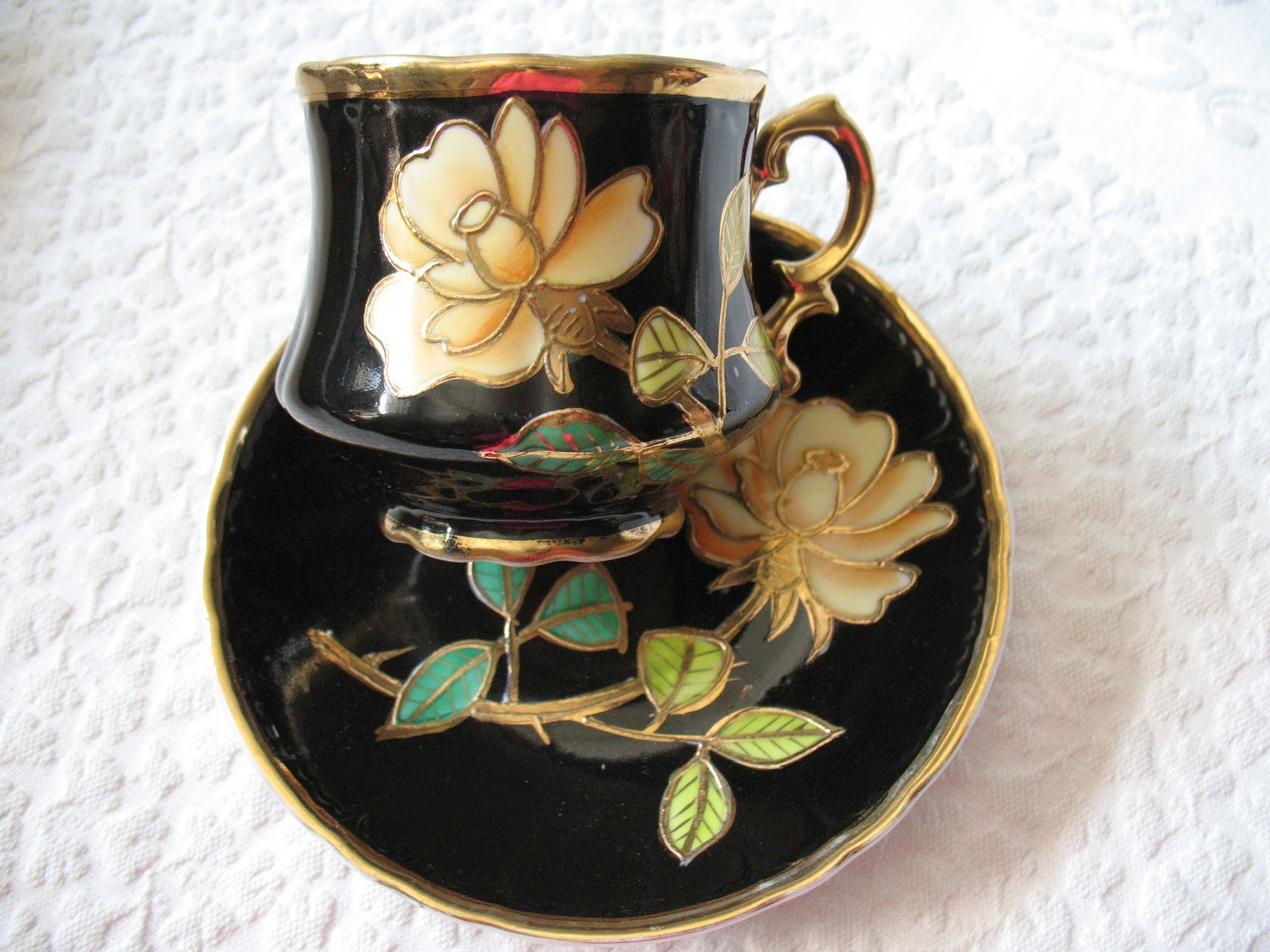 Vintage Tea Cup Black Yellow Rose Footed Japan Tea Gift Steampunk Cosplay Gentleman Tea  Victoria Downton Cottage Shabby Chic WhenRosesBloom