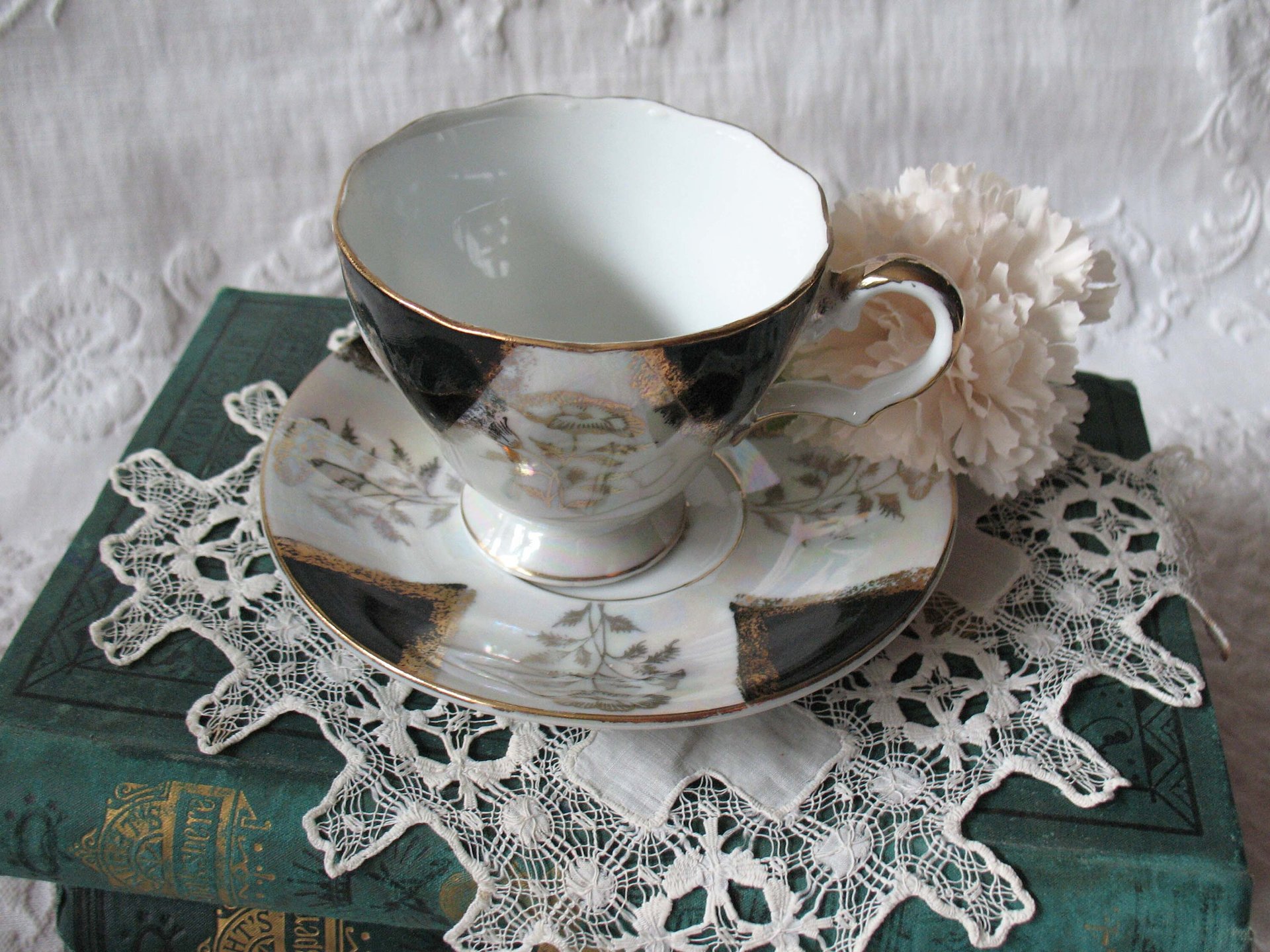 Vintage Tea Cup Footed Black Gold Japan Downton Elegant Steampunk Gentlemen's Tea Retro Man's Woman's Birthday Shower Gift WhenRosesBloom