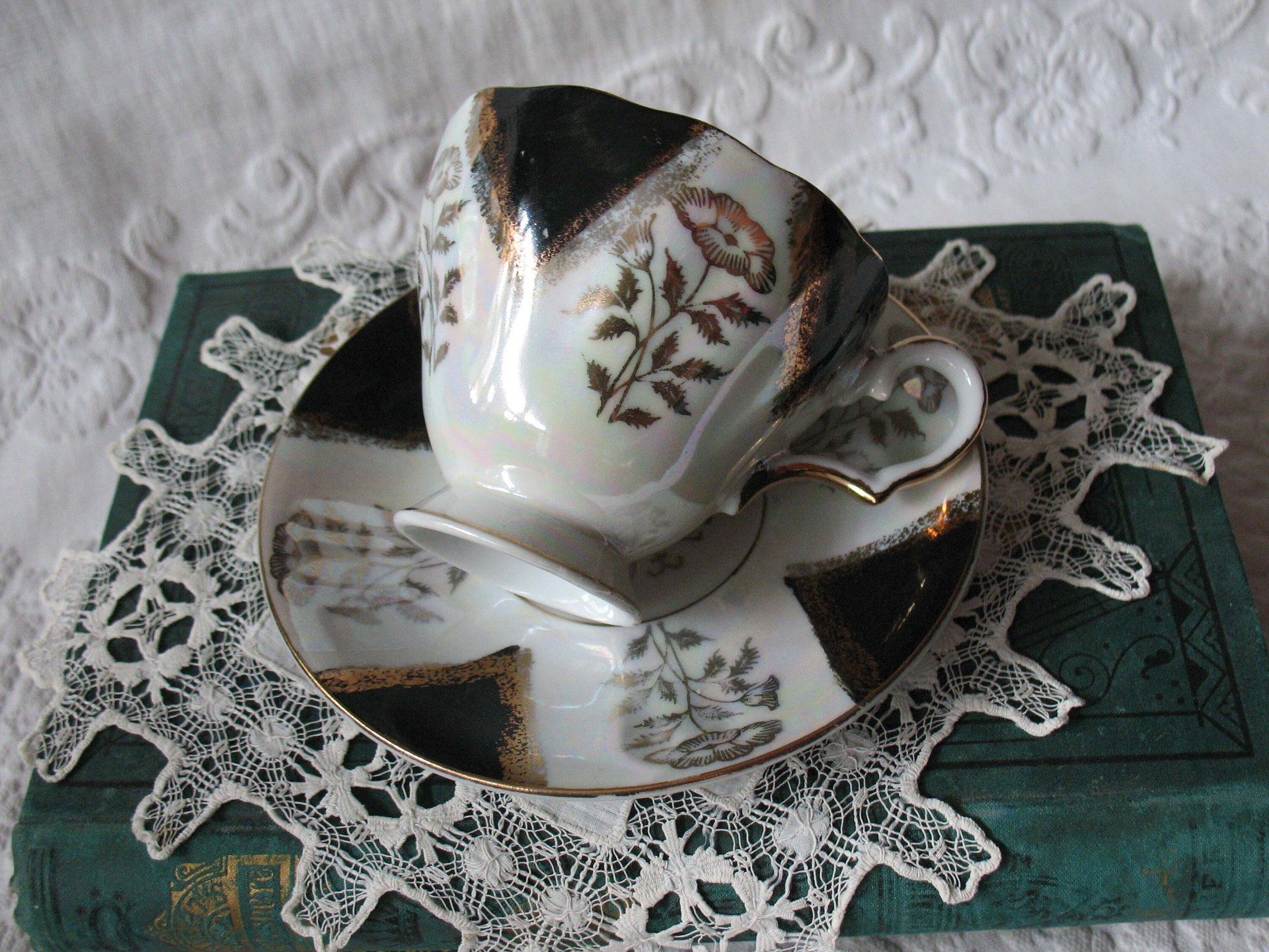Vintage Tea Cup Footed Black Gold Japan Downton Elegant Steampunk Gentlemen's Tea Retro Man's Woman's Birthday Shower Gift WhenRosesBloom