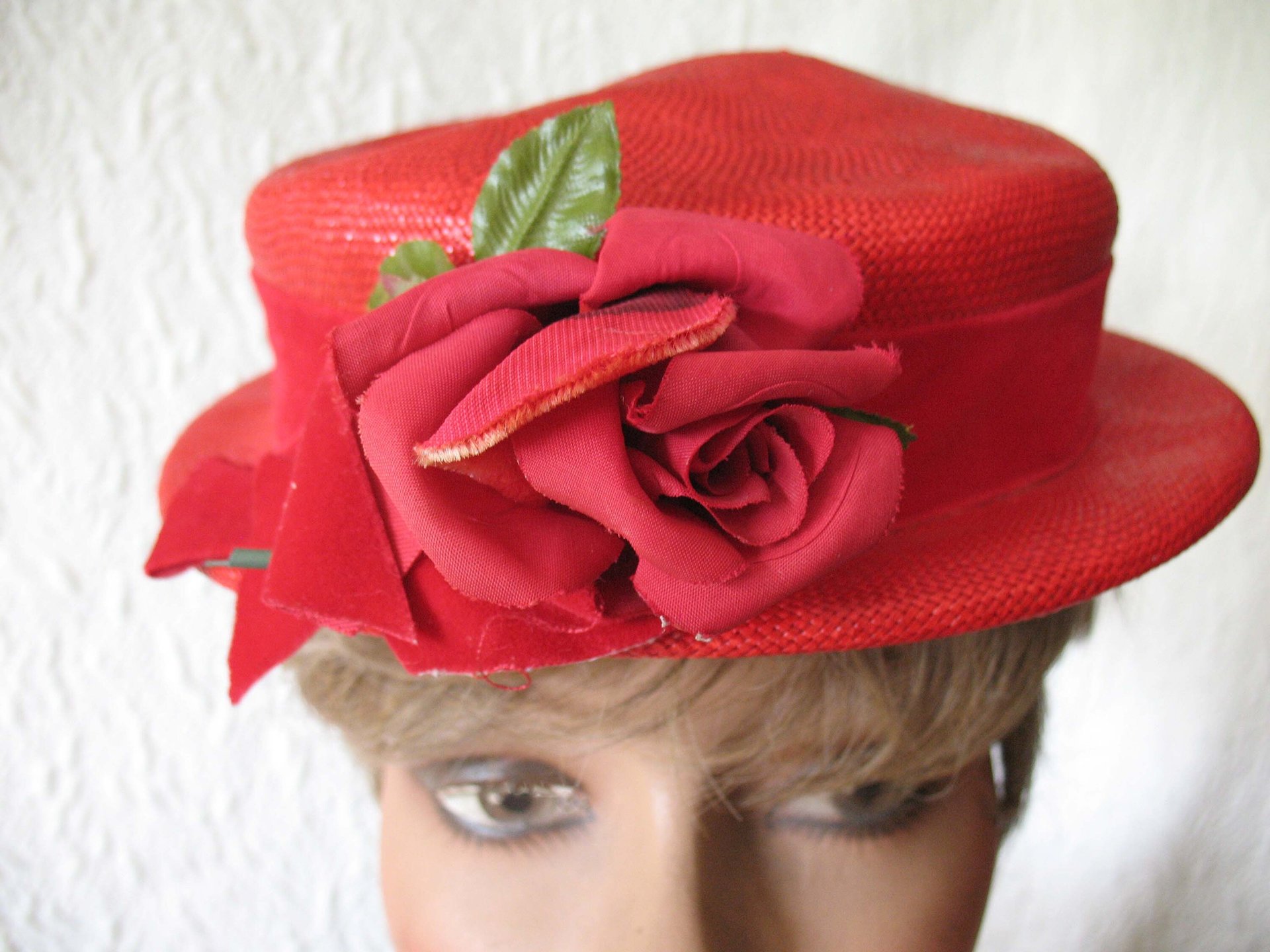 Vintage Hat Red Straw Rose Quaint Style Classic Topper Sailor Tailored Elegant Tea Cosplay Hat Downton Abbey Style  WhenRosesBloom