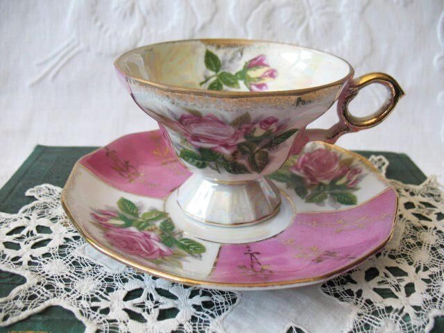 Vintage Footed Tea Cup Pink Roses Made Japan Mid Century Retro Elegant Tea Gift Victoria Downtown Tea Cottage Shabby Chic WhenRosesBloom