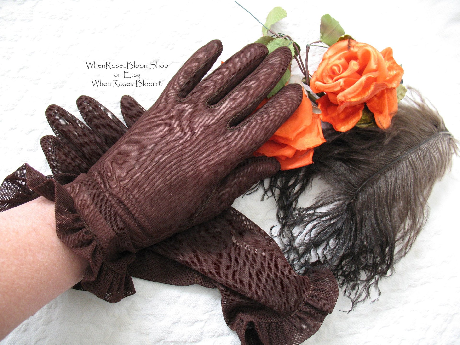 Gloves Brown Sheer Sz 6 Vintage Retro Mid Century Style Tea Downton Miss Fisher Cosplay Free Ship in US When Roses Bloom