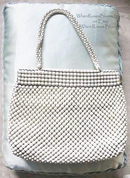 Vintage Whiting Davis Purse White Enamel Beaded 1960s Retro Wedding Evening Wear Classic Mod  Vintage Women's Accessories   WhenRosesBloom
