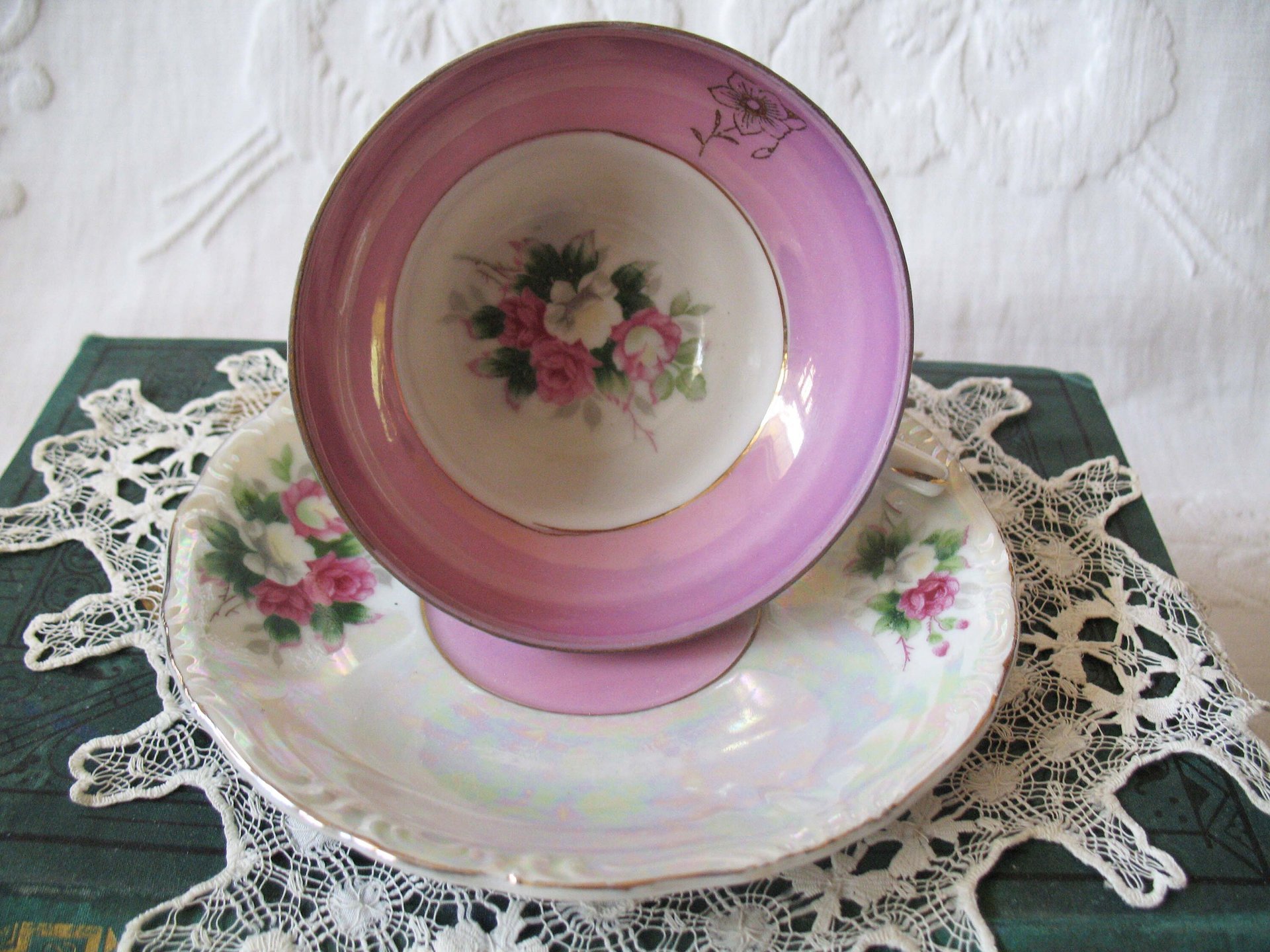 Vintage Tea Cup Footed Pink Roses MOP Pearl Made in Japan Retro Tea Party Gift Mid Century Cottage Shabby Chic Farmhouse   WhenRosesBloom