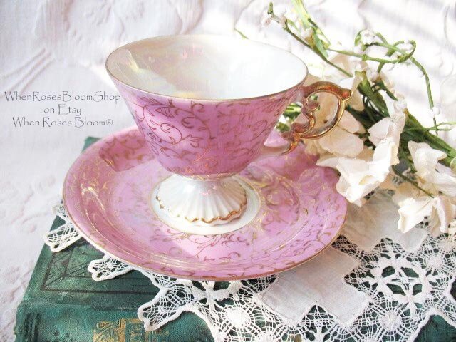 Vintage Tea Cup Footed Pink Pearl Gold  MOP Japan Mid Century Tea Gift Victoria Downton Abbey Cottage Shabby Chic Tea WhenRosesBloom