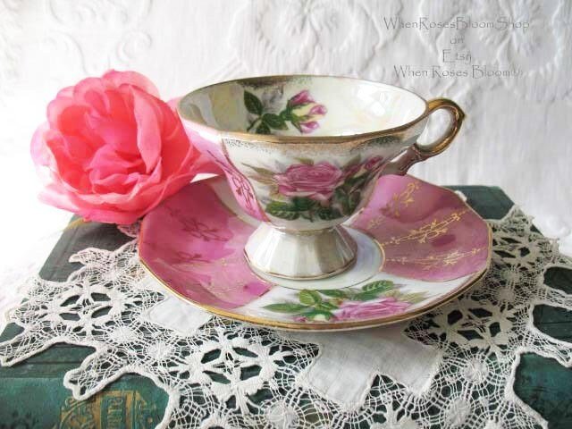 Vintage Footed Tea Cup Pink Roses Made Japan Mid Century Retro Elegant Tea Gift Victoria Downtown Tea Cottage Shabby Chic WhenRosesBloom