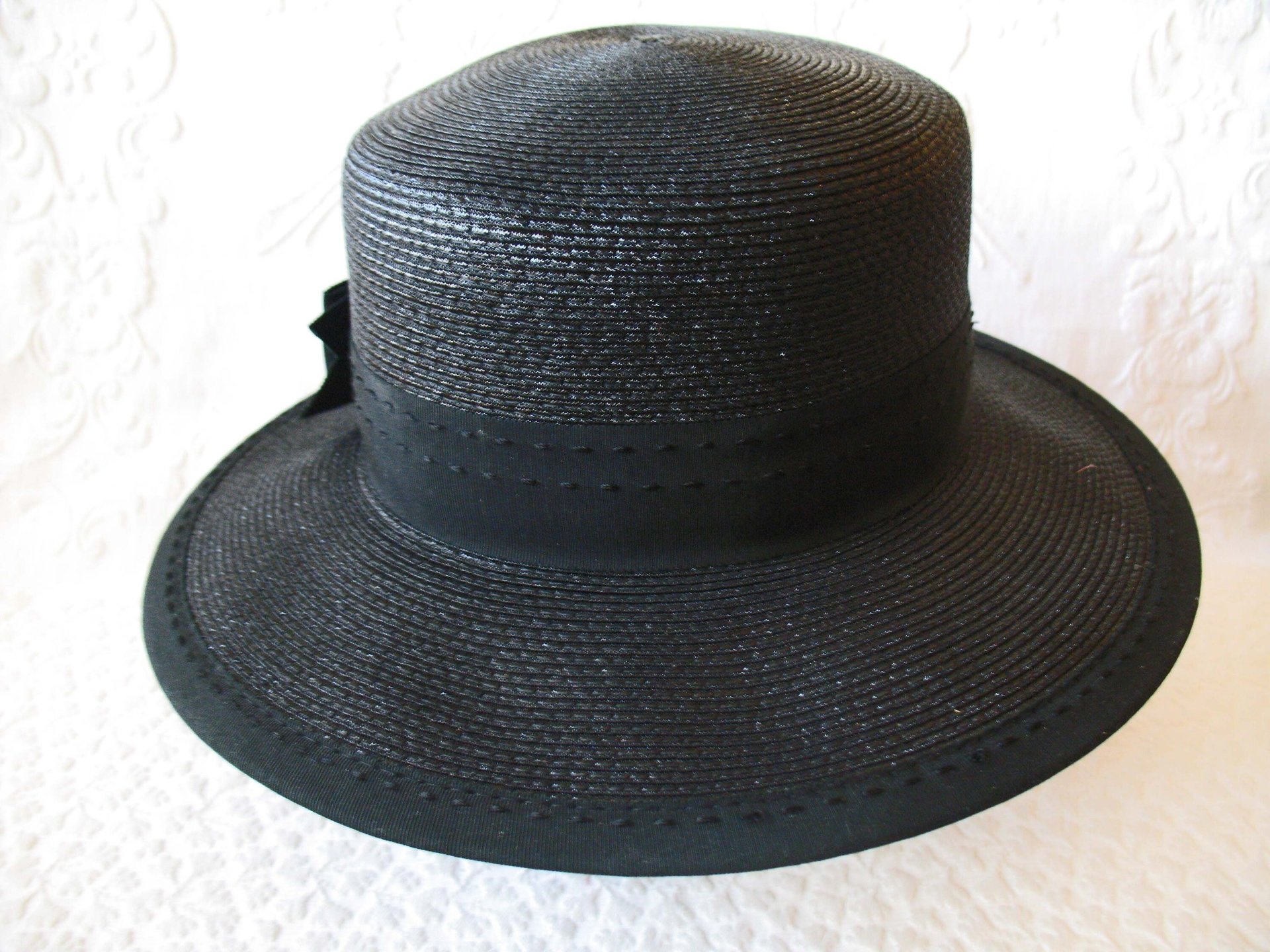 Vintage Black Straw Hat Sailor Panama Boater Classic  Elegant  Retro Style Princess Diana Duchess Kate Miss Phyrne Fisher  WhenRosesBloom