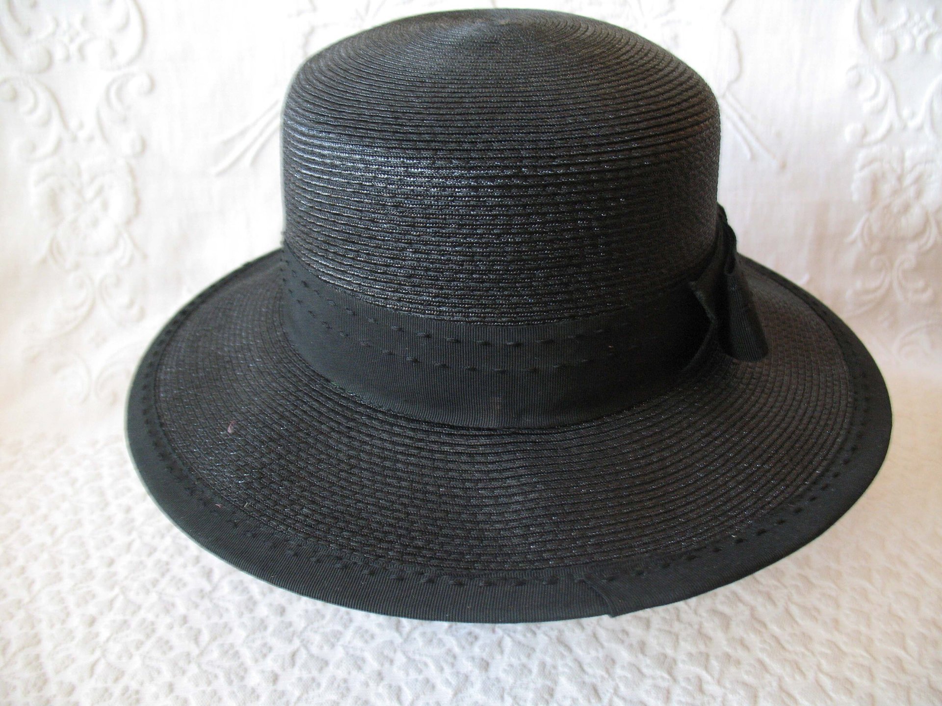 Vintage Black Straw Hat Sailor Panama Boater Classic  Elegant  Retro Style Princess Diana Duchess Kate Miss Phyrne Fisher  WhenRosesBloom