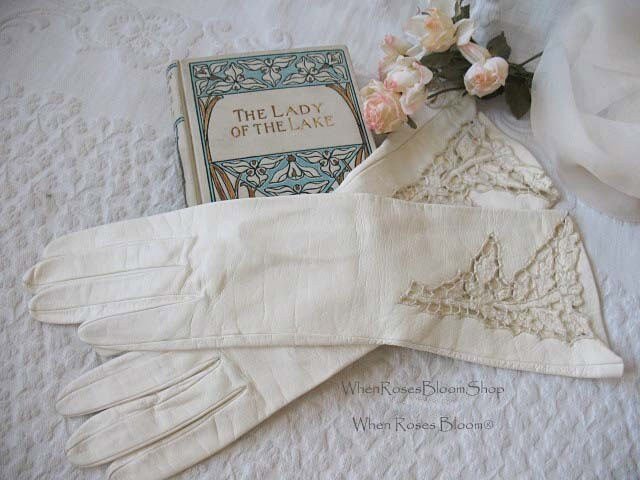 Vintage White Italian Leather Matinee Gloves Retro Wedding Bride Tea NOS Downton Titanic Jane Austen Cosplay Free Ship  US When Roses Bloom