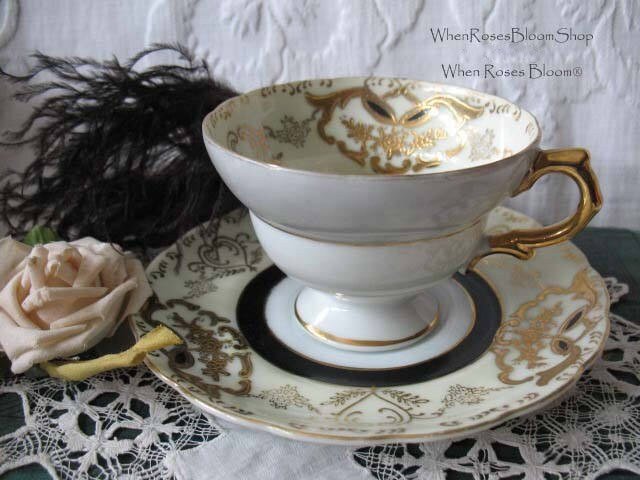 Vintage Tea Cup Footed Black Gold Japan Royal Sealy Downton Elegant Steampunk Cosplay Gentlemens  Tea Birthday Shower Gift WhenRosesBloom