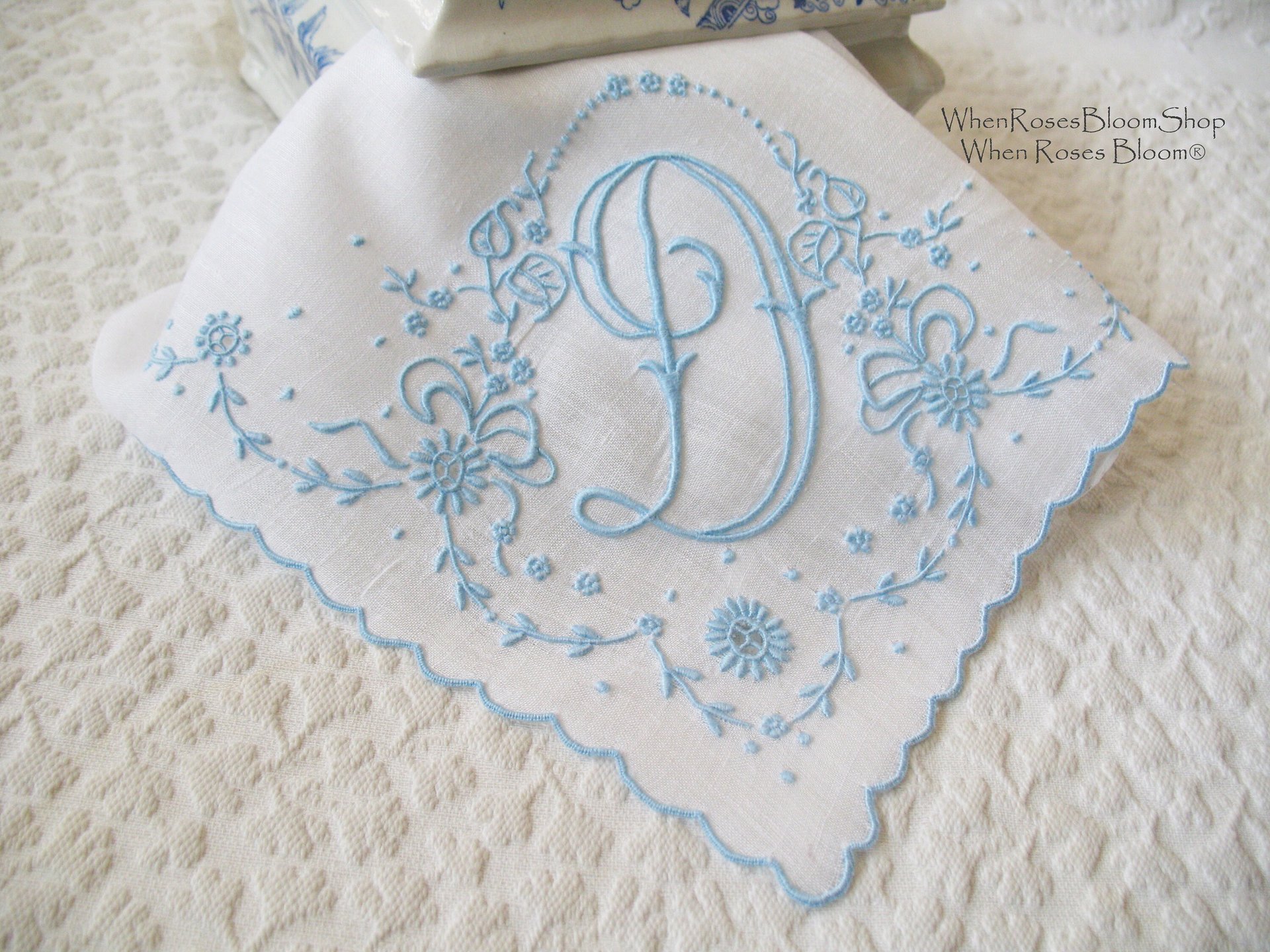 Vintage Madeira Hanky D Initial Monogram Something Old Blue Wedding Keepsake Gift Heirloom Handkerchief Free Ship  US WhenRosesBloom
