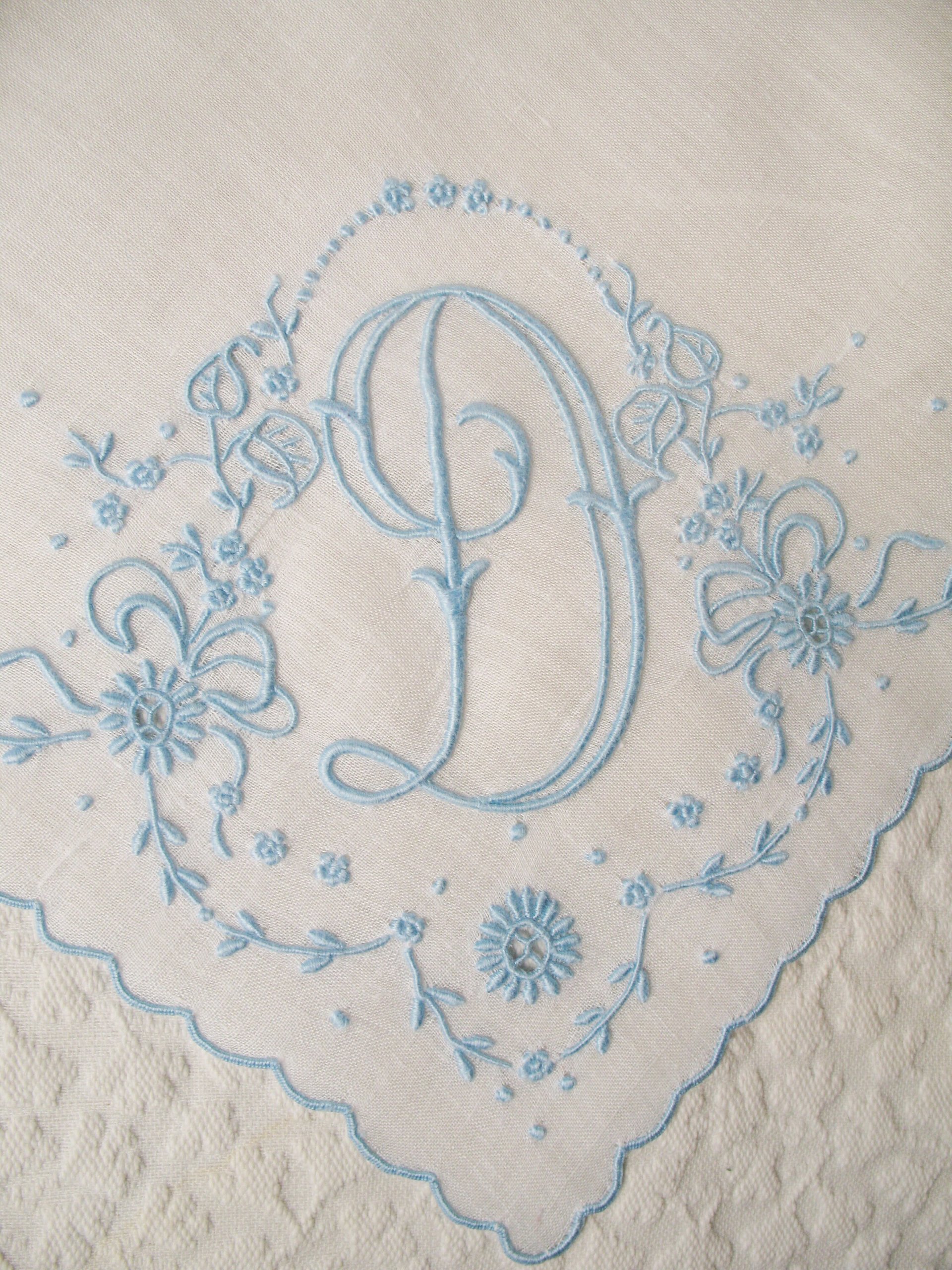 Vintage Madeira Hanky D Initial Monogram Something Old Blue Wedding Keepsake Gift Heirloom Handkerchief Free Ship  US WhenRosesBloom
