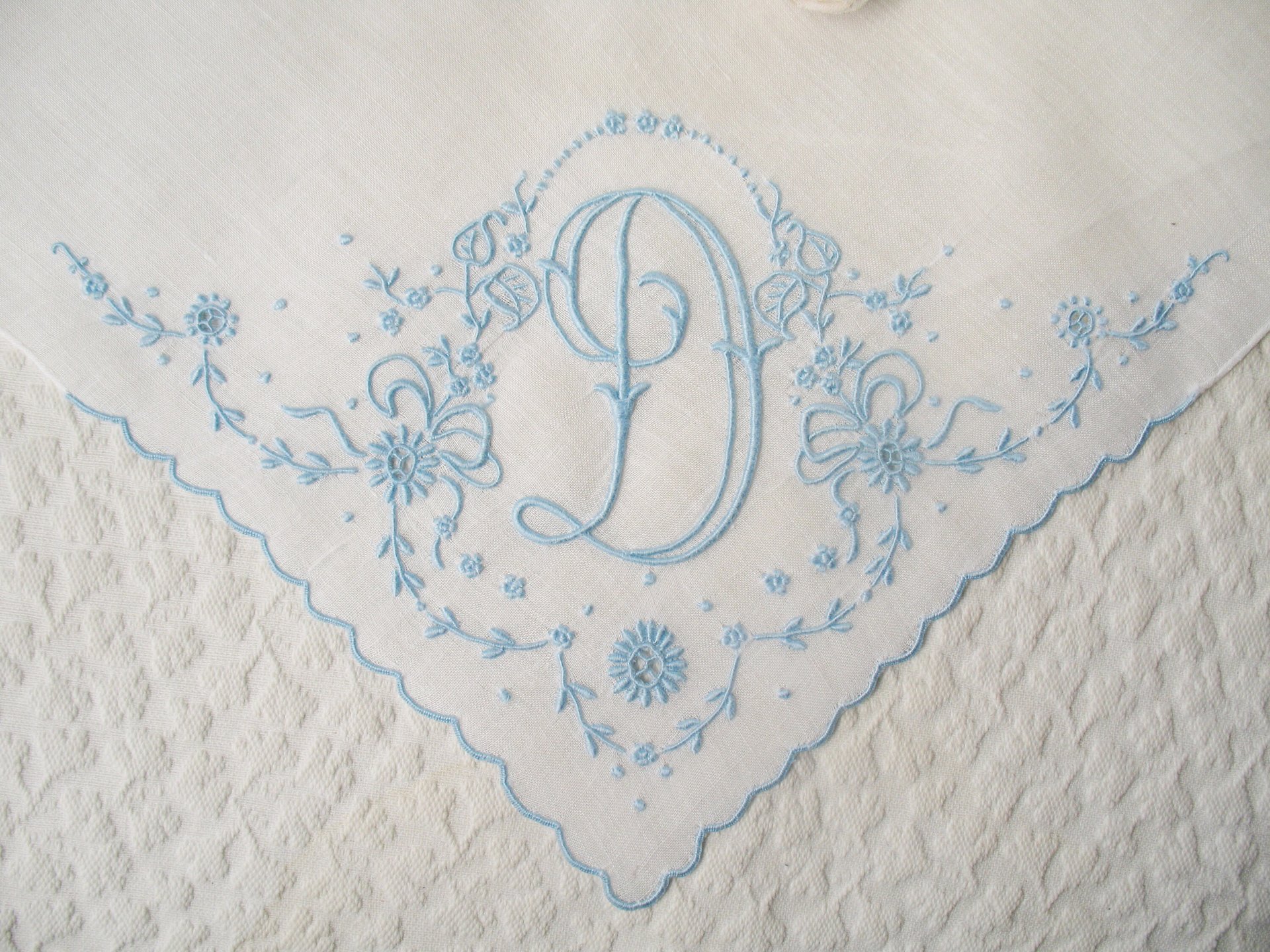 Vintage Madeira Hanky D Initial Monogram Something Old Blue Wedding Keepsake Gift Heirloom Handkerchief Free Ship  US WhenRosesBloom