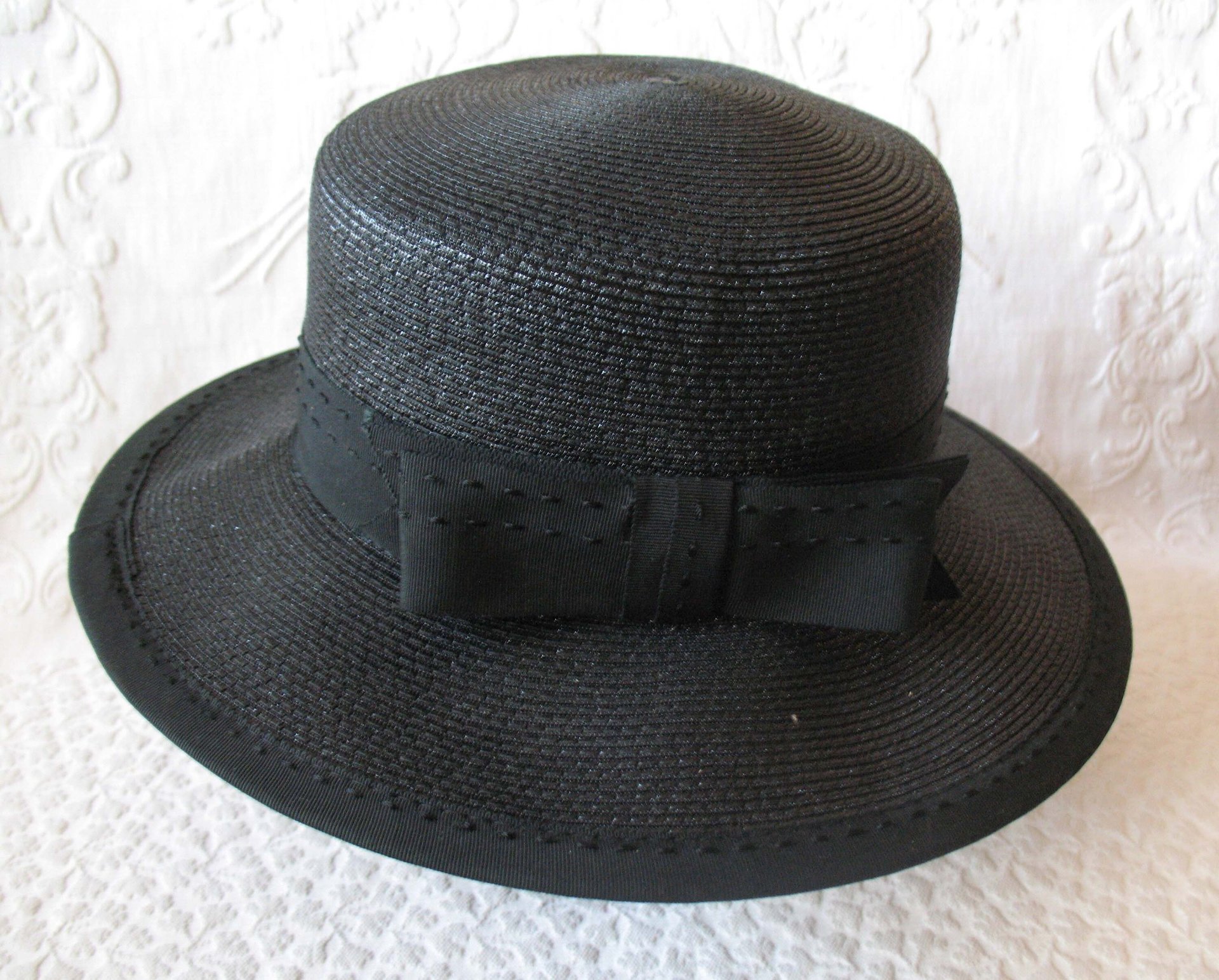 Vintage Black Straw Hat Sailor Panama Boater Classic  Elegant  Retro Style Princess Diana Duchess Kate Miss Phyrne Fisher  WhenRosesBloom