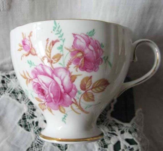 Tea Cup Pink Roses English Bone China Vintage Retro Tea Gift Mid Century Shabby Chic Farmhouse Jane Austen Downton Abbey WhenRosesBloom
