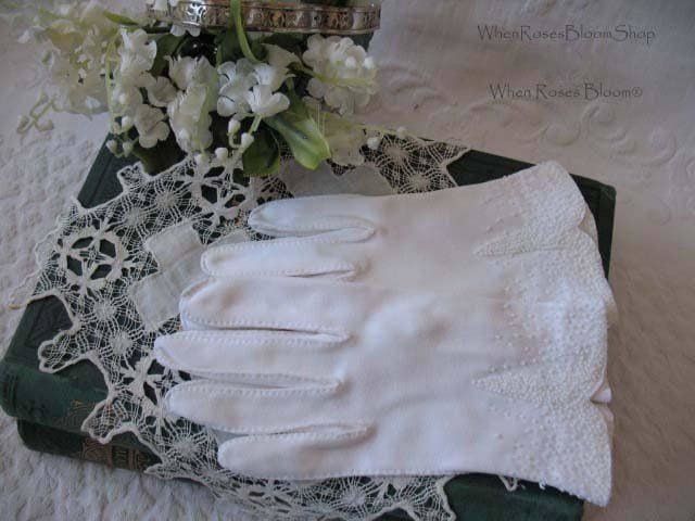 White Gloves Short Beaded Elegant Vintage Tea Party Dance Wedding Bride 1st Communion Flower Girl Bridesmaid FREE SHIP US WhenRosesBloom