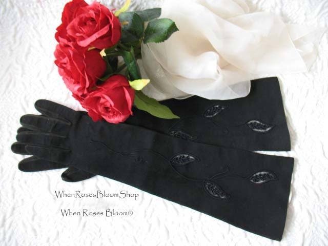 Vintage Gloves Black French Leather Matinee Elegant Mid Century Style Lady Mary Steampunk Goth Cosplay  Free Ship USA   WhenRosesBloom