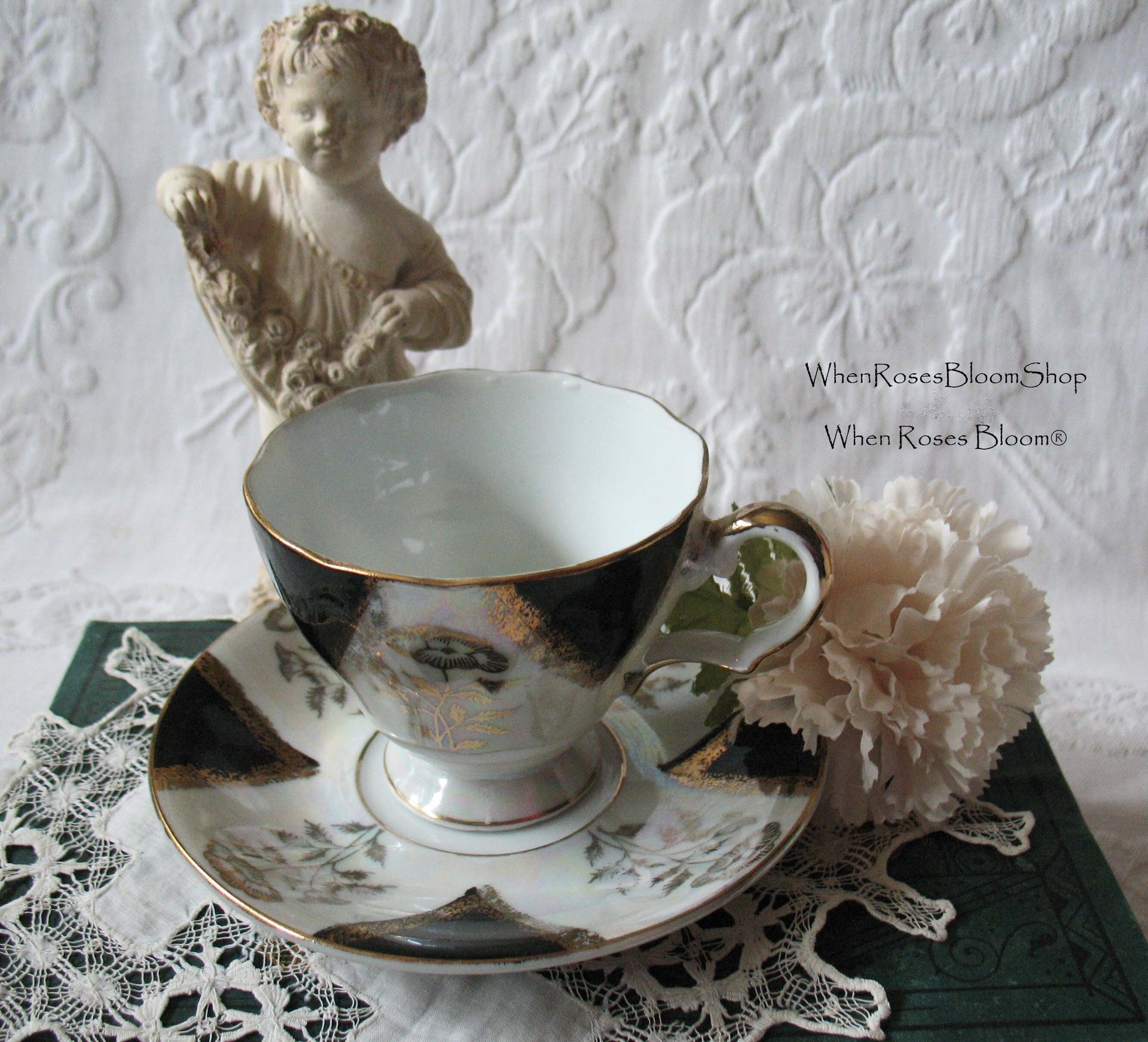 Vintage Tea Cup Footed Black Gold Japan Downton Elegant Steampunk Gentlemen's Tea Retro Man's Woman's Birthday Shower Gift WhenRosesBloom