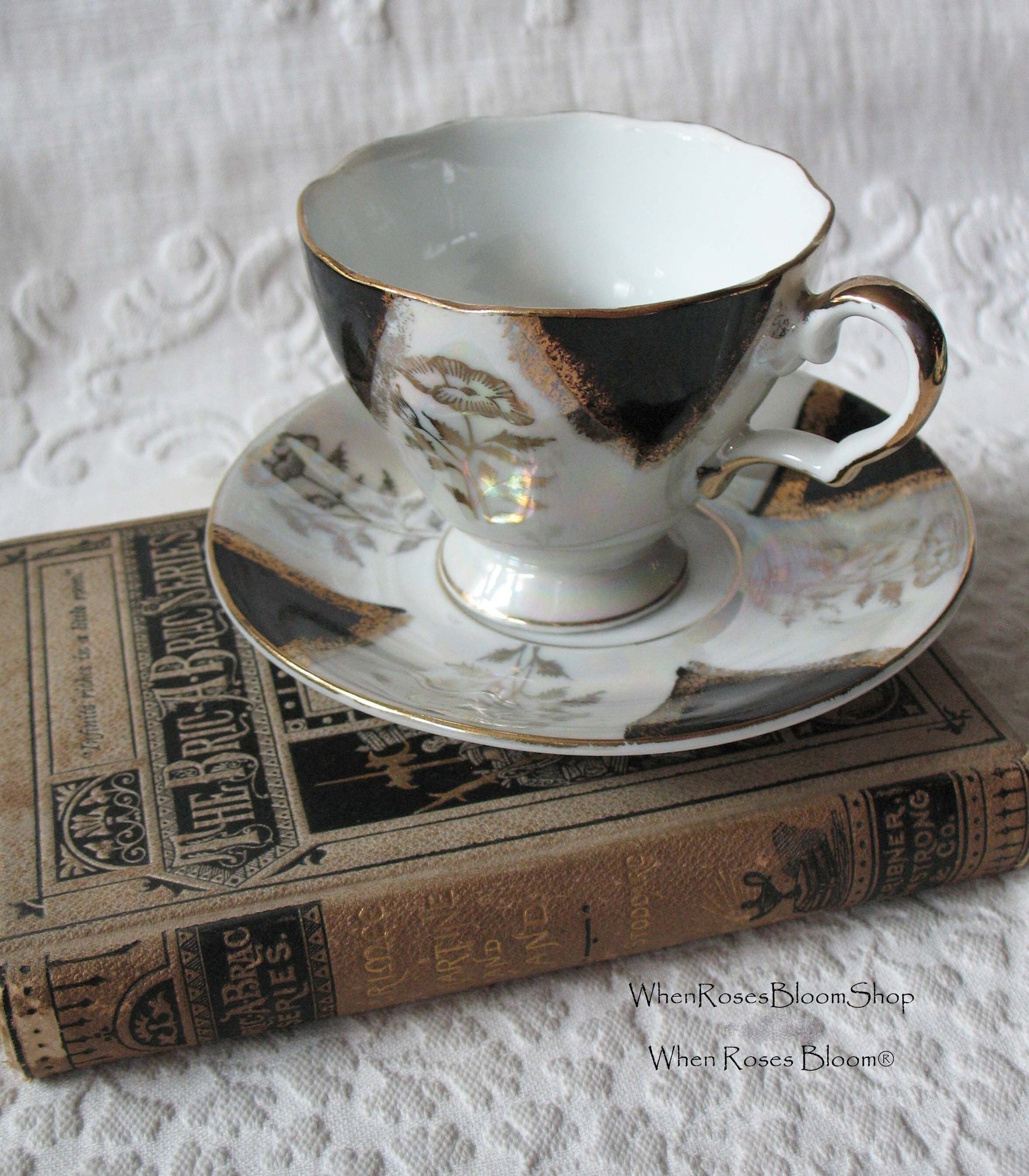 Vintage Tea Cup Footed Black Gold Japan Downton Elegant Steampunk Gentlemen's Tea Retro Man's Woman's Birthday Shower Gift WhenRosesBloom