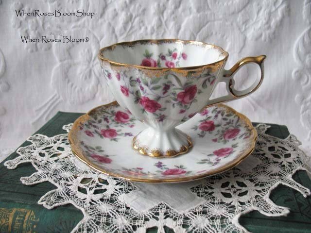 Teacup Footed Pink Chintz Roses Trimont Japan Vintage Elegant Mid Century Tea Gift Victoria Downton Tea Cottage Shabby Chic WhenRosesBloom