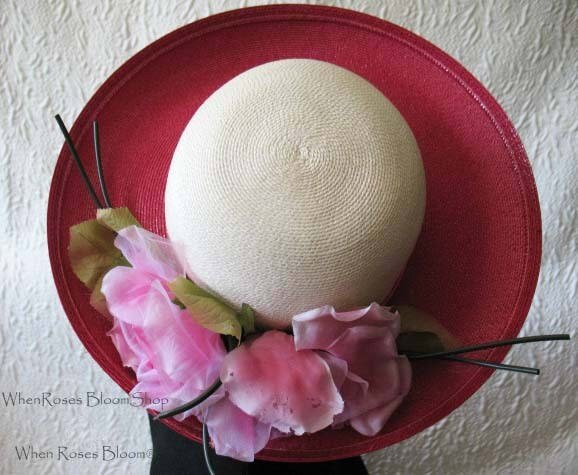 Vintage Hat Roses Pink White Garden Party Downton Abbey Classic Tea Party Wedding Elegant Straw Kentucky Derby Hat New York WhenRosesBloom