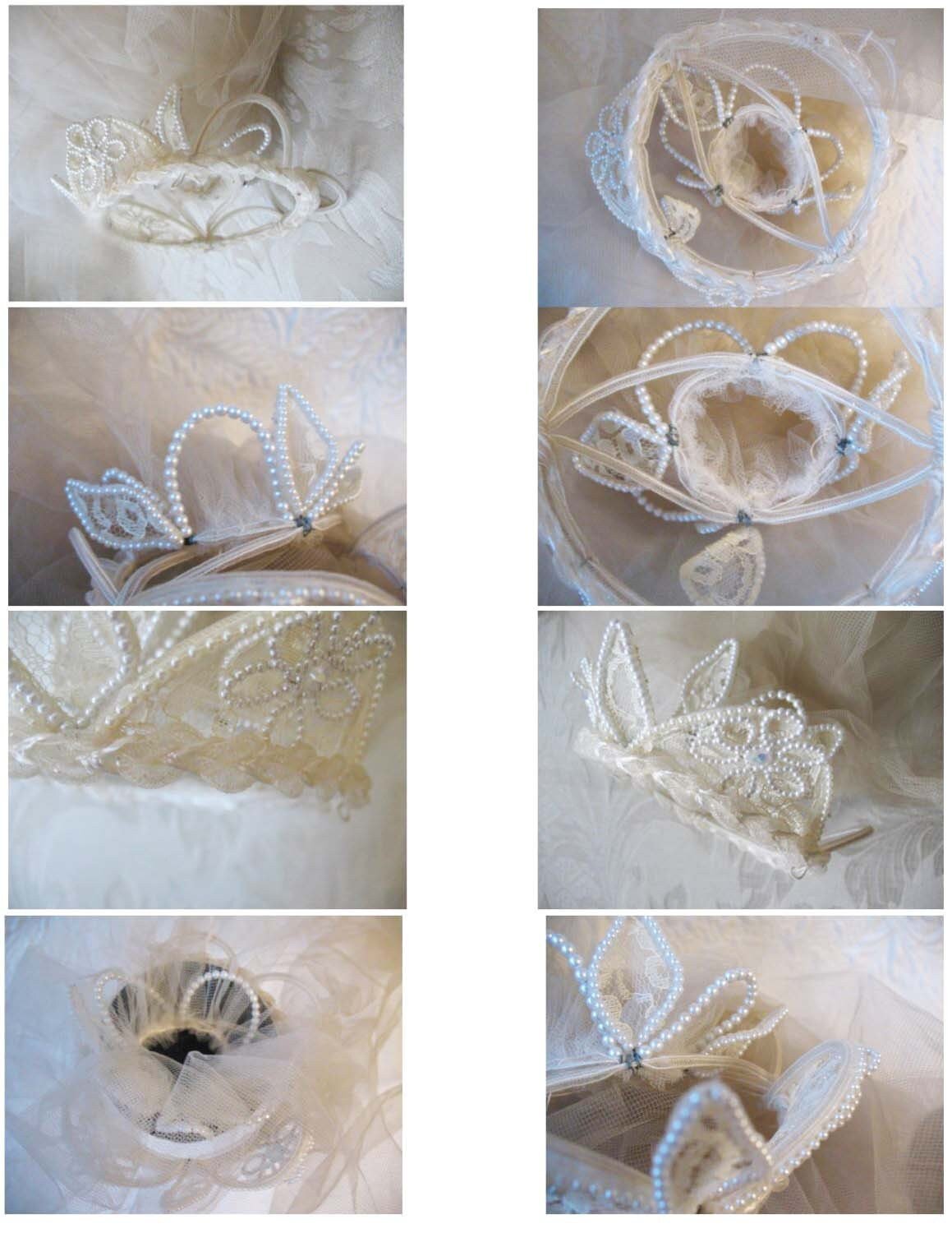 Vintage Wedding Bridal headpiece veil Crown Hat White lace Pearl accents 1st Communion crown veil Classic Mid Century Style WhenRosesBloom