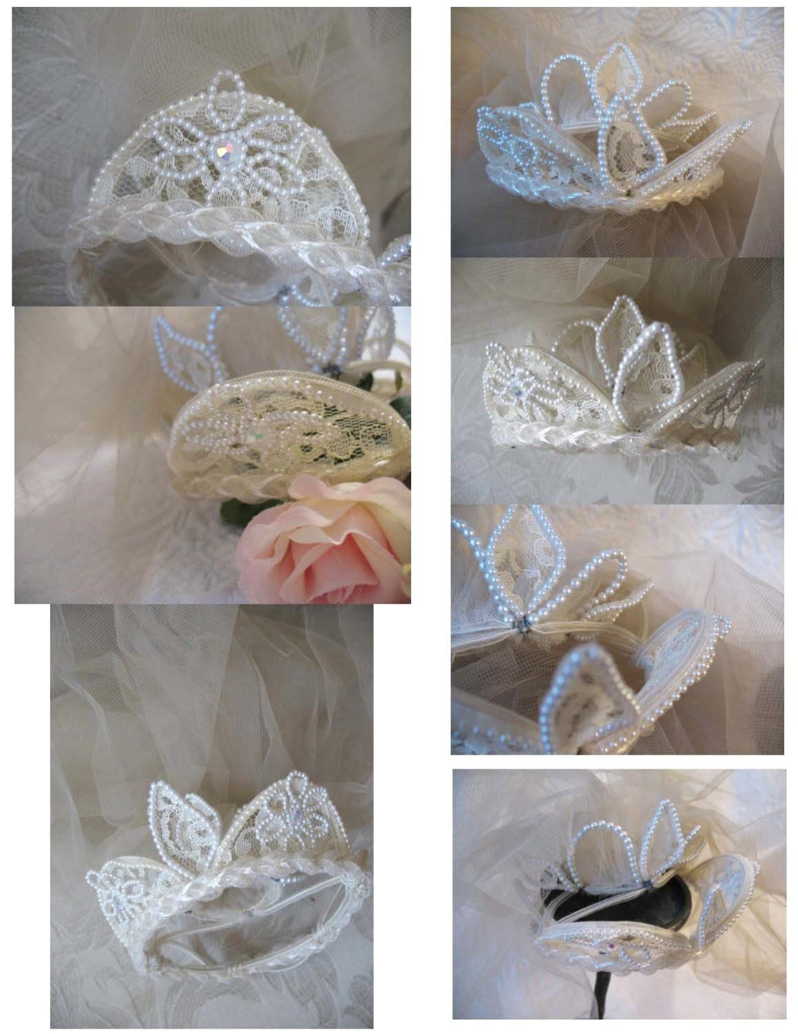 Vintage Wedding Bridal headpiece veil Crown Hat White lace Pearl accents 1st Communion crown veil Classic Mid Century Style WhenRosesBloom