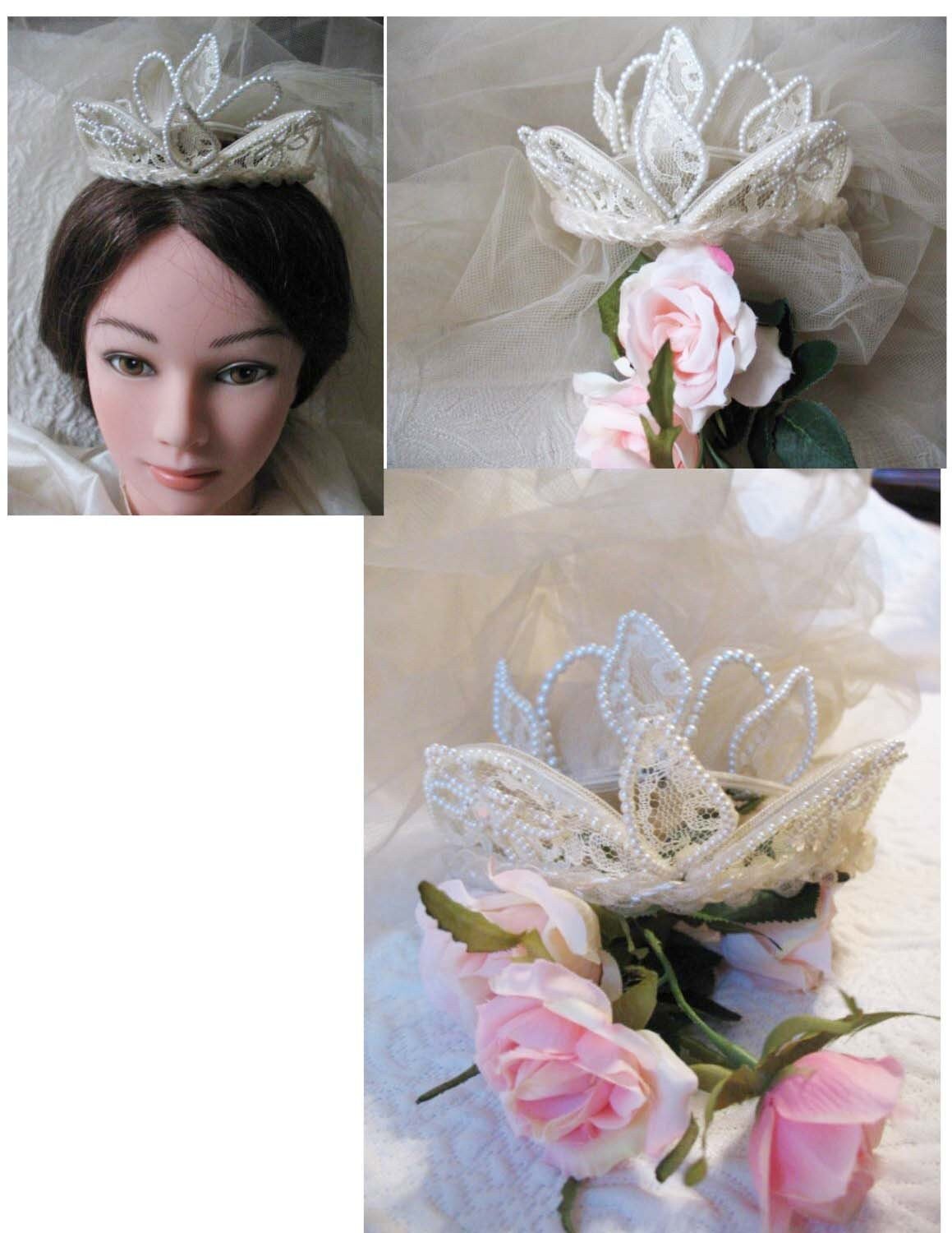 Vintage Wedding Bridal headpiece veil Crown Hat White lace Pearl accents 1st Communion crown veil Classic Mid Century Style WhenRosesBloom