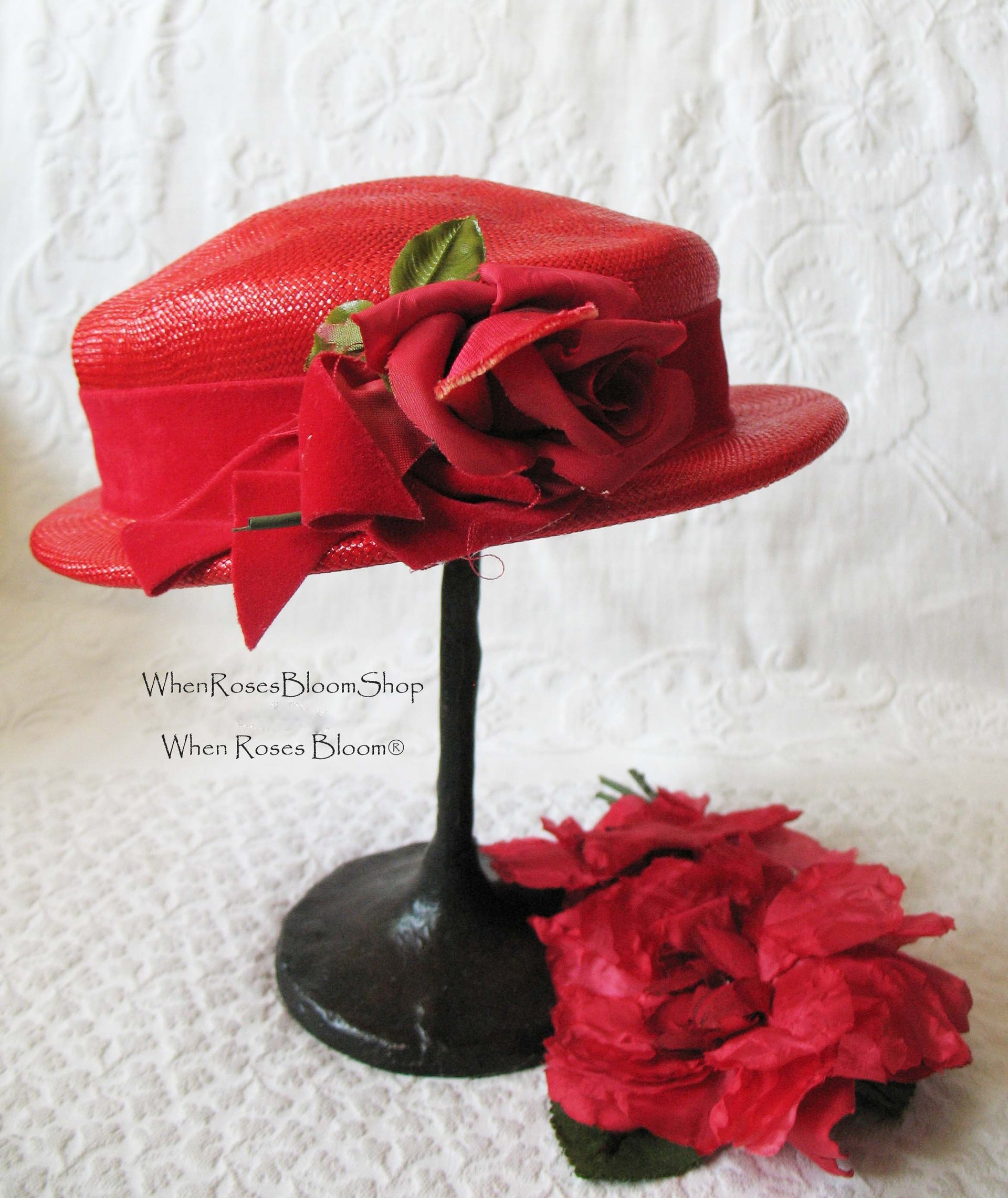 Vintage Hat Red Straw Rose Quaint Style Classic Topper Sailor Tailored Elegant Tea Cosplay Hat Downton Abbey Style  WhenRosesBloom