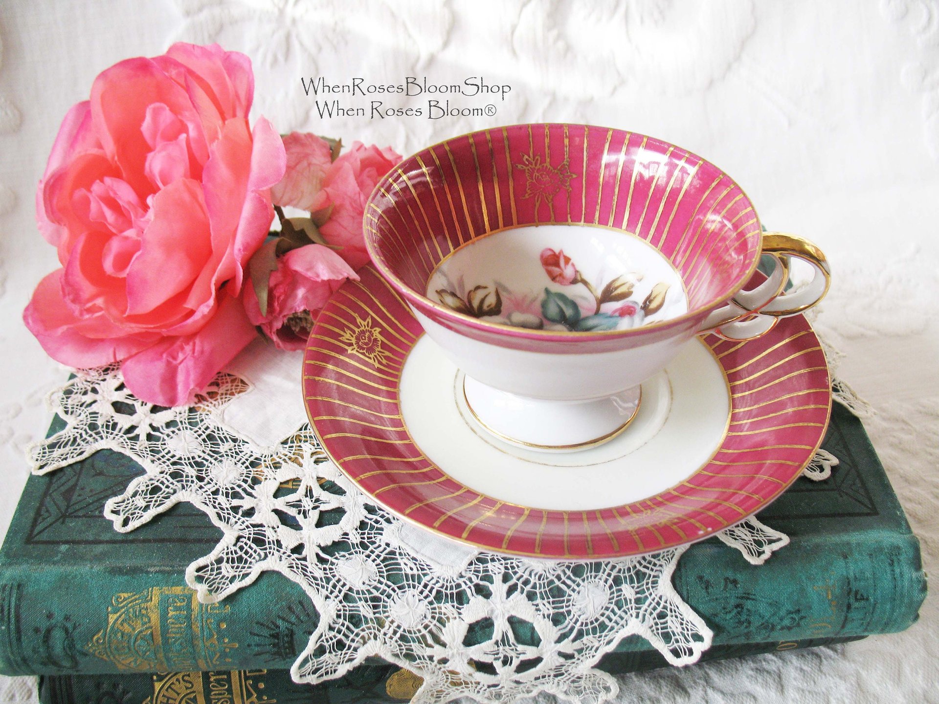 Tea Cup Pink Red Floral Roses Footed Japan Vintage Retro Tea Time Gift Mid Century Shabby Chic Afternoon Tea Party  WhenRosesBloom