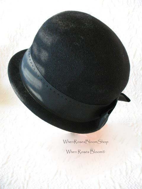 Vintage Black Derby Cloche Hat Retro Vintage Hipster Mod Boho Steampunk Bowler Bohomian 60s Cosplay Twiggy Audrey Hepburn WhenRosesBloom