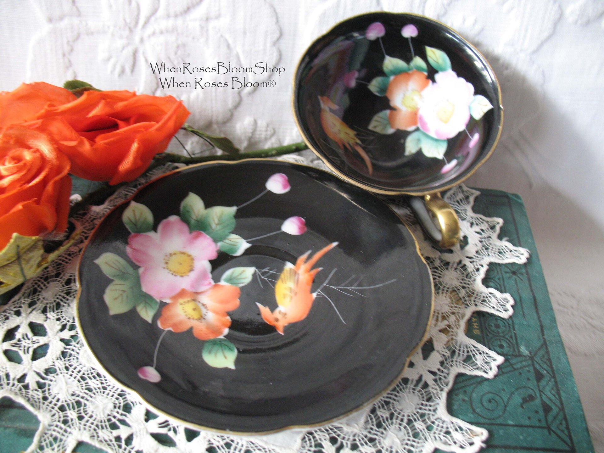 Vintage Tea Cup Black Floral Bird Motif  Made in Japan Tea Time Gift Cottage Shabby Chic  Downton Austen Steampunk Cosplay WhenRosesBloom
