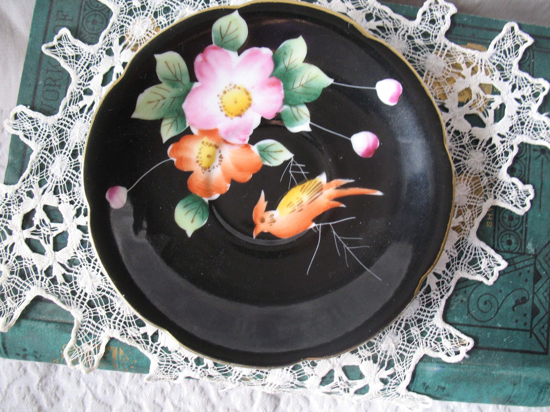 Vintage Tea Cup Black Floral Bird Motif  Made in Japan Tea Time Gift Cottage Shabby Chic  Downton Austen Steampunk Cosplay WhenRosesBloom