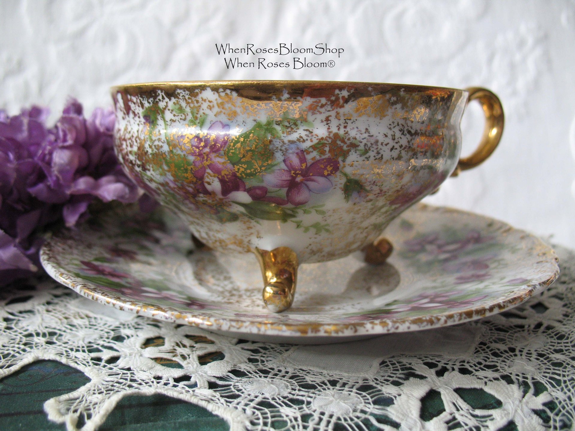 Vintage Footed Tea Cup Violets Japan Mid Century Retro Dainty Tea Time Gift Victoria Downton Tea Elegant Farm Shabby Chic  WhenRosesBloom