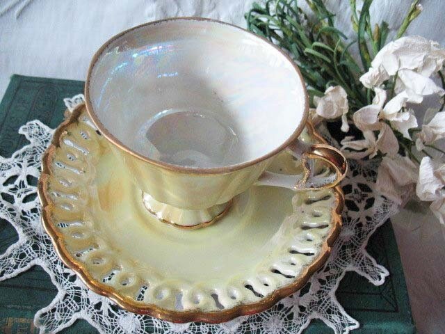 Vintage Teacup Yellow Mid Century Footed  Japan Lusterware MOP TeaTime Gift Victoria Downton Abbey Tea Cottage Shabby Chic WhenRosesBloom
