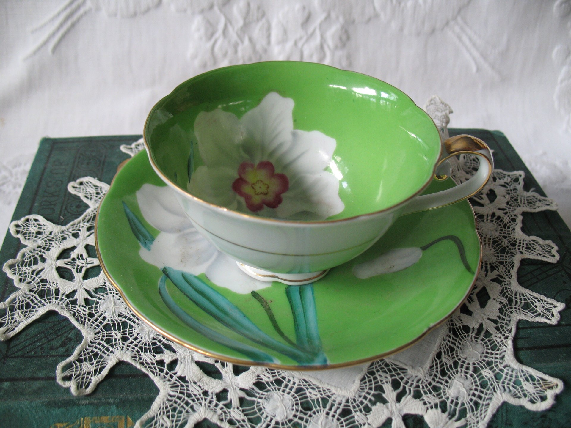 Vintage Footed Tea Cup Green White Floral Lily Japan Mid Century Modern Retro Tea Time Shabby Chic Cottage Farmhouse Tea Gift WhenRosesBloom
