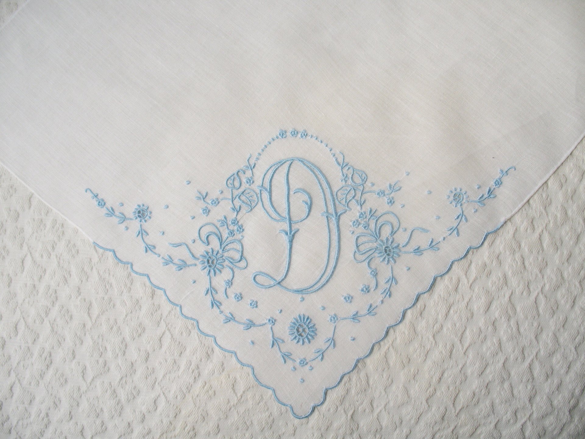 Vintage Madeira Hanky D Initial Monogram Something Old Blue Wedding Keepsake Gift Heirloom Handkerchief Free Ship  US WhenRosesBloom