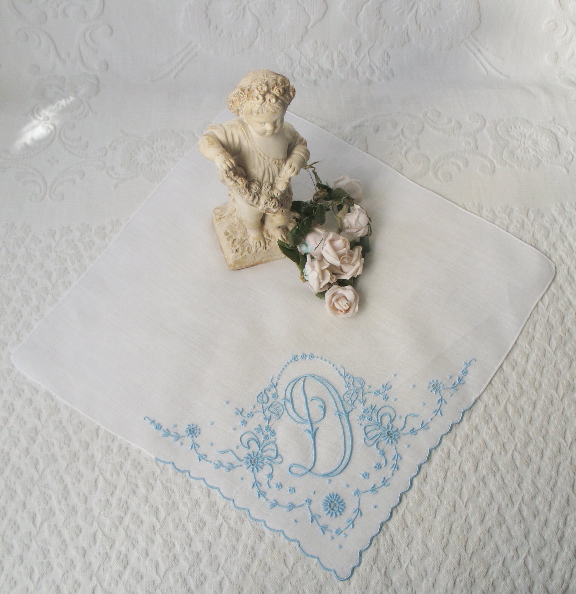 Vintage Madeira Hanky D Initial Monogram Something Old Blue Wedding Keepsake Gift Heirloom Handkerchief Free Ship  US WhenRosesBloom