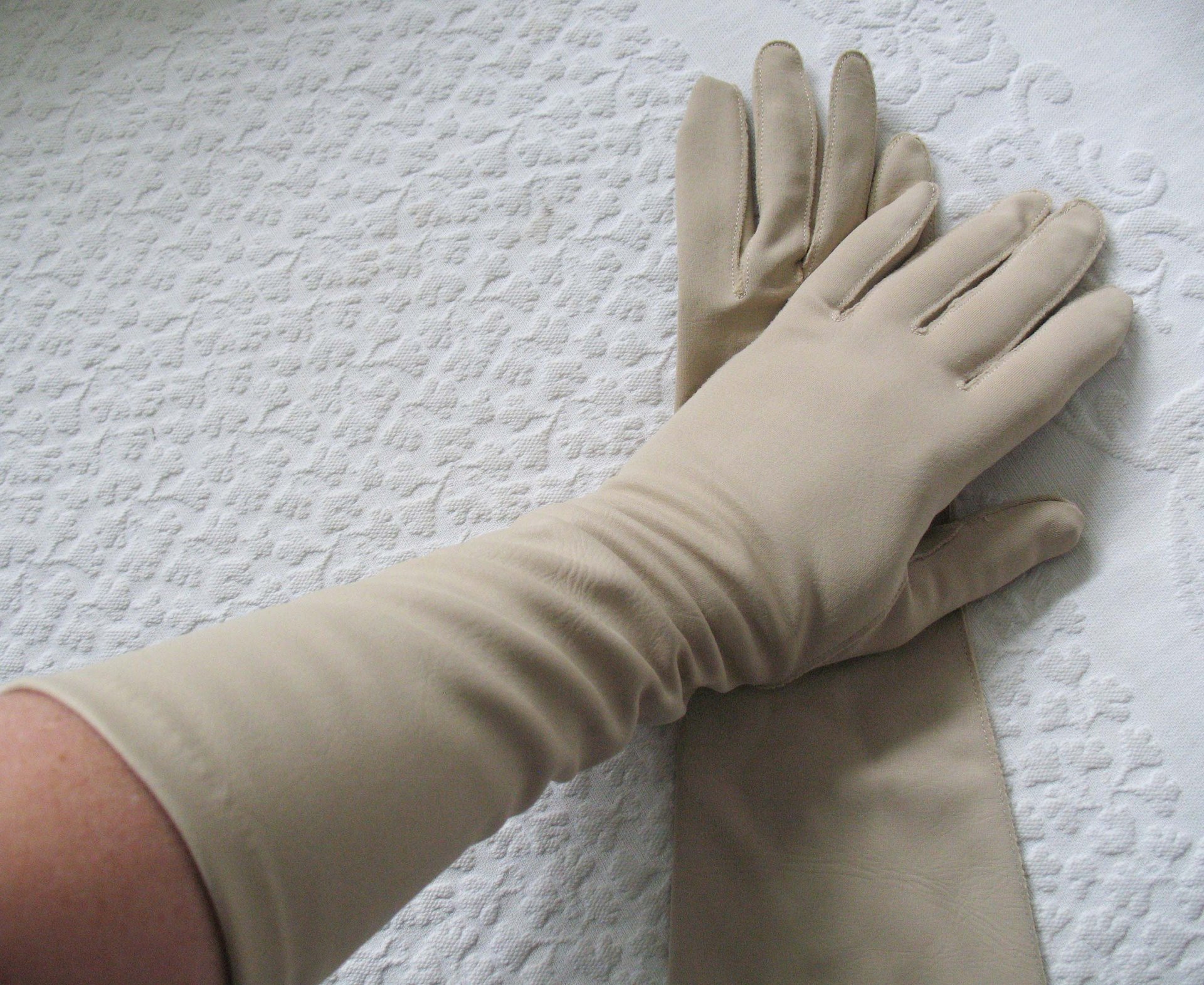 Vintage Gloves Beige Vegan Fabric Sz 6 1/2 Matinee Length Elegant Classic Mid Century Mod  Cocktail Party Style  Free Ship US WhenRosesBloom