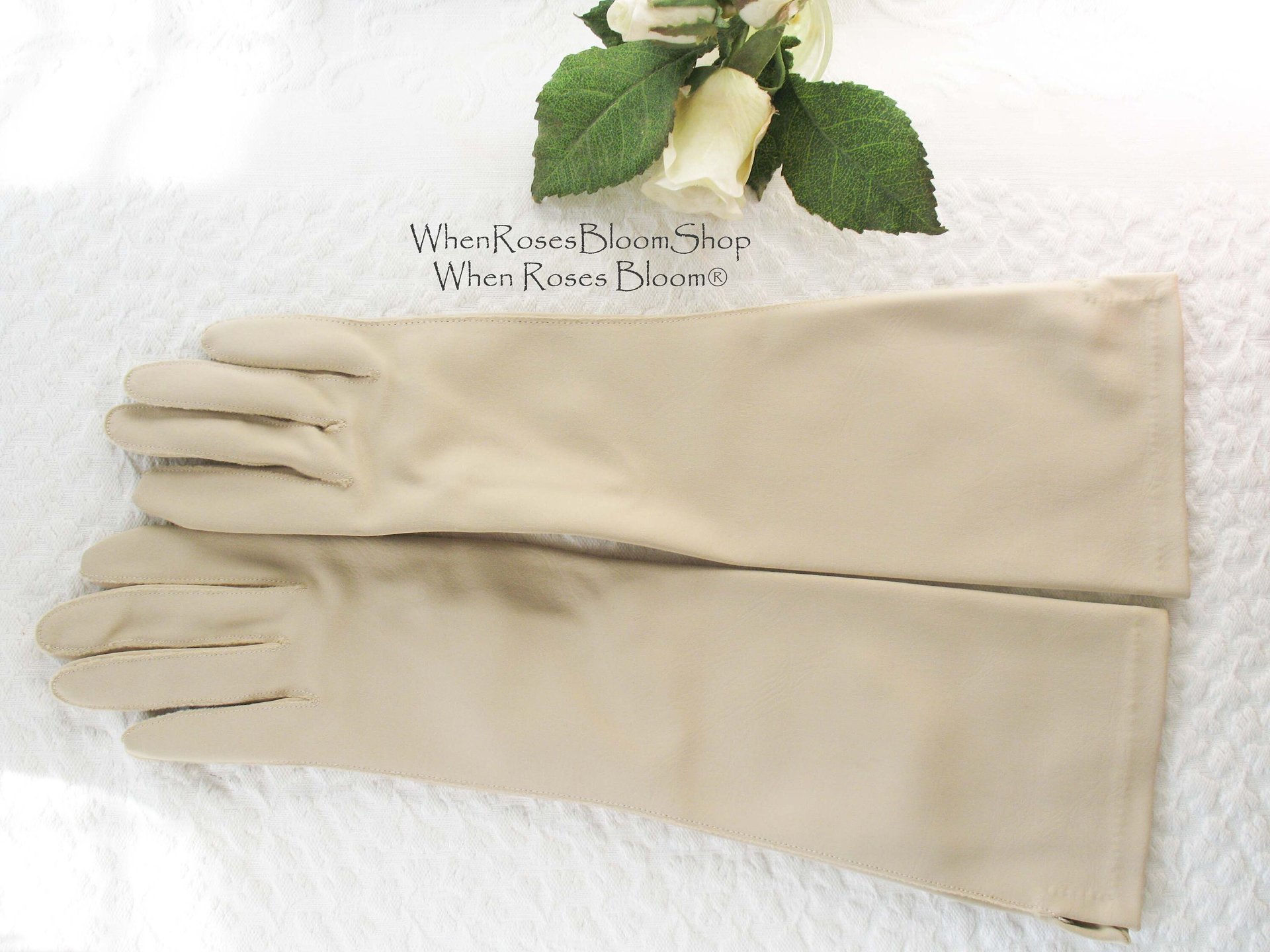 Vintage Gloves Beige Vegan Fabric Sz 6 1/2 Matinee Length Elegant Classic Mid Century Mod  Cocktail Party Style  Free Ship US WhenRosesBloom