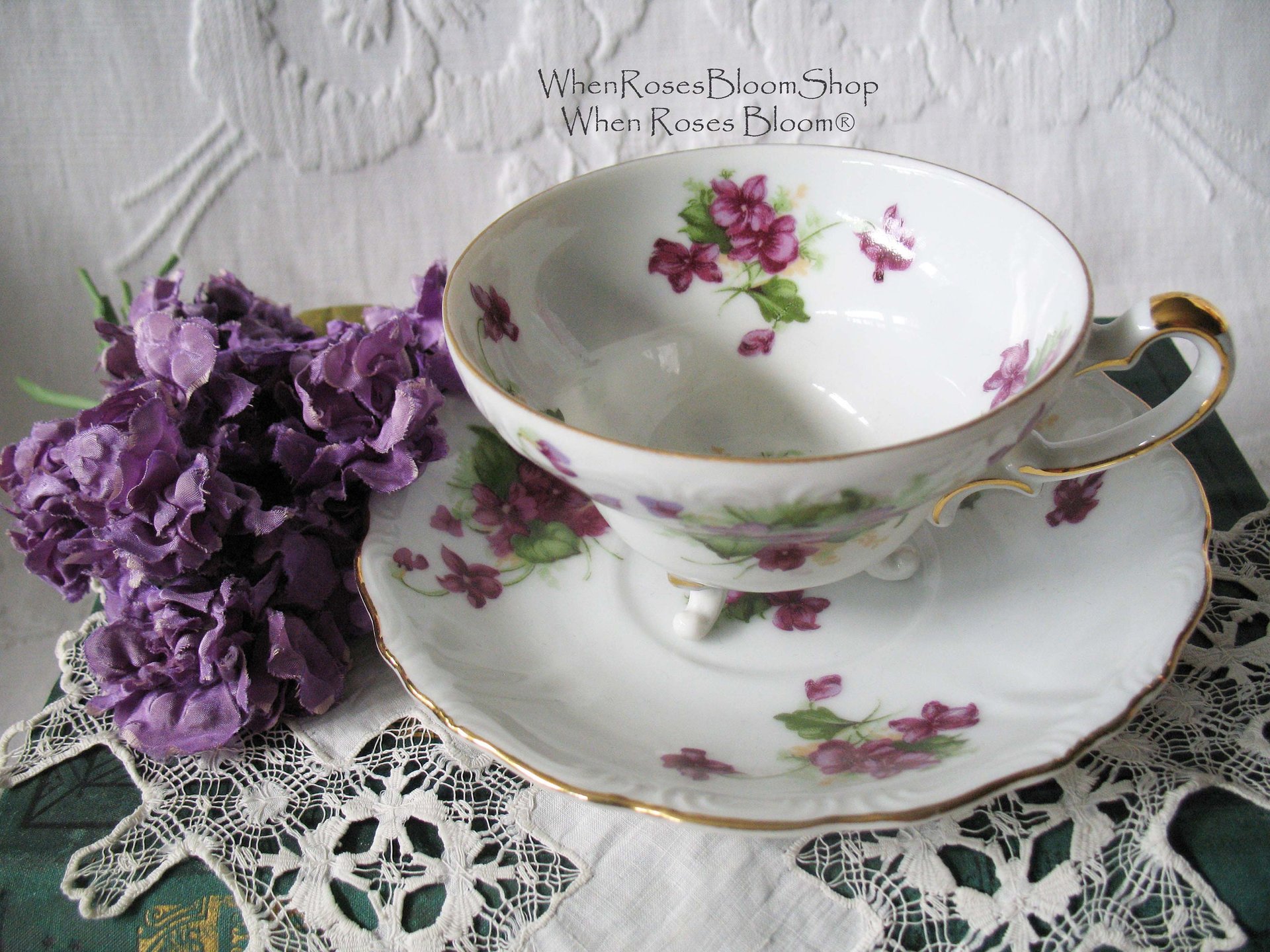 Vintage Footed Tea Cup Violets Japan Lefton Mid Century Retro Tea Time Birthday Gift Cottage Farmhouse Shabby Chic Style WhenRosesBloom